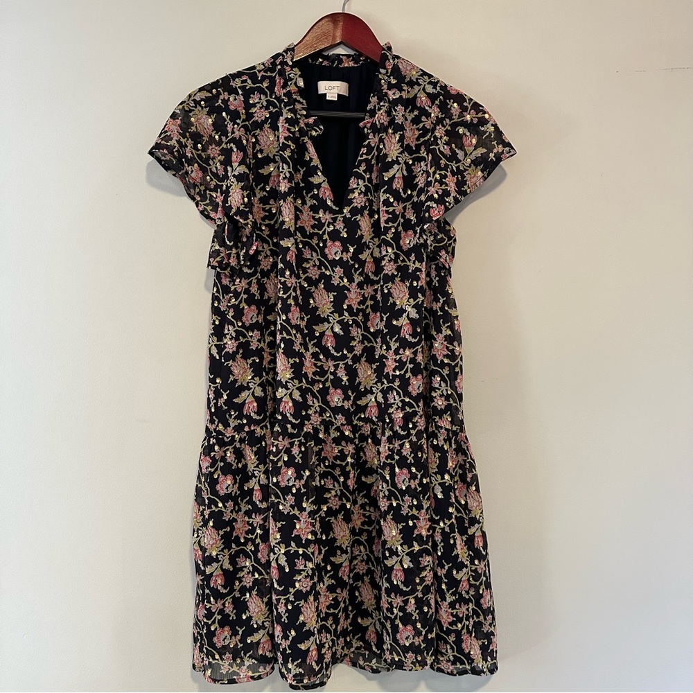 LOFT Floral Flutter Sleeve Shift Dress with Gold Shimmer